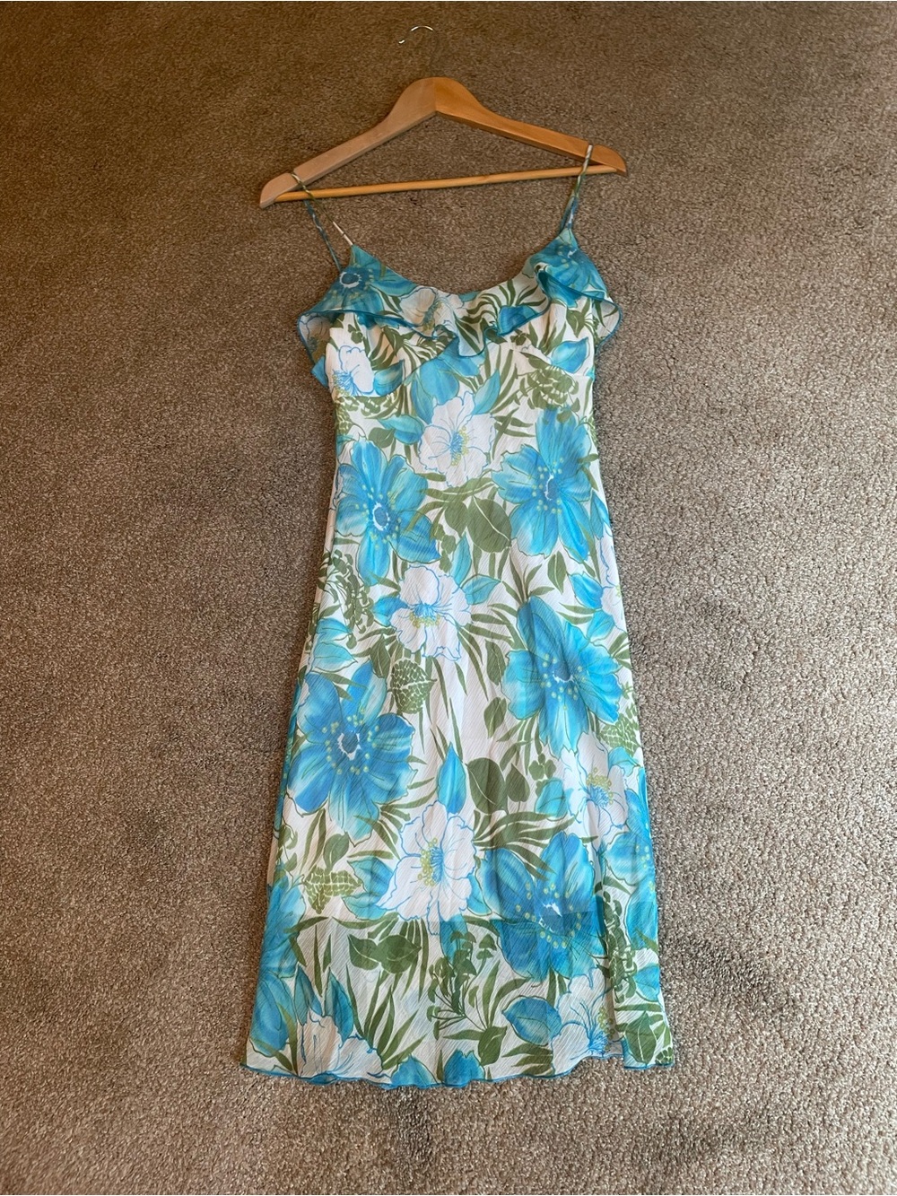 Vintage Floral Slip Dress in Turquoise Size M tropical romantic boho ruffles